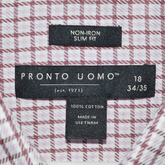 Mens Pronto Uomo Pink and Marron Slim Fit Dress Shirt Size 18 34/35 (100% cotton - Picture 4 of 4
